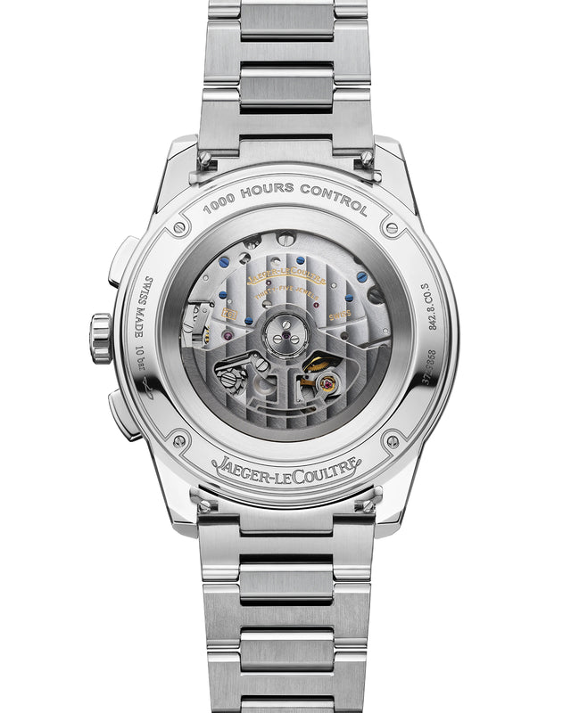 The Jaeger-LeCoultre Polaris Chronograph features a stainless steel bracelet and a transparent case back that displays its detailed mechanical movement and fine engravings.