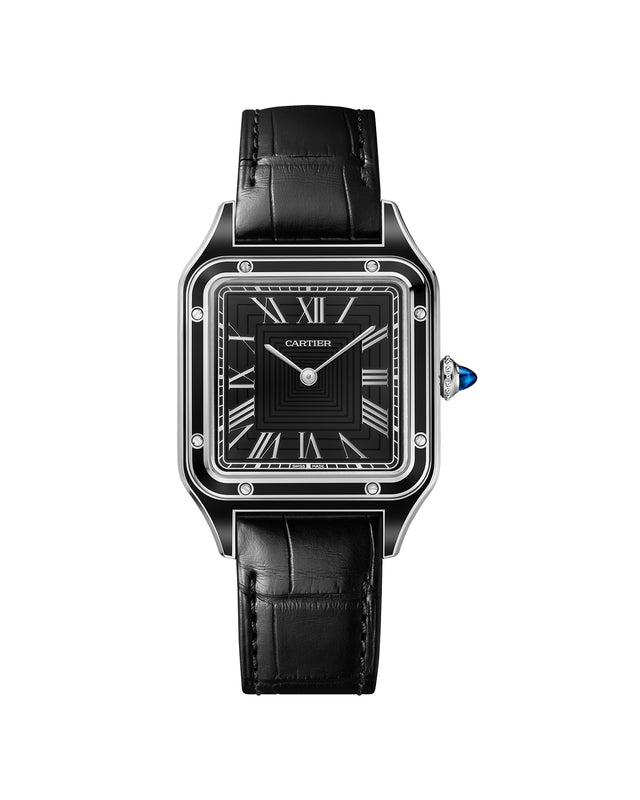 The Cartier Santos-Dumont watch features a square polished steel case, black dial with Roman numerals, silver hands, blue gemstone crown, and a black leather strap for an elegant modern look.