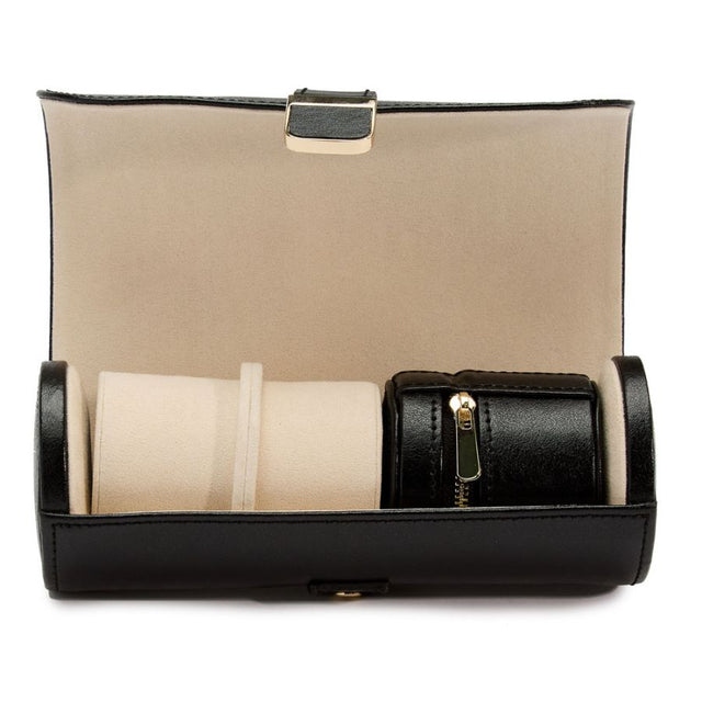 Wolf Palermo Double Watch Roll with Jewellery Pouch Black